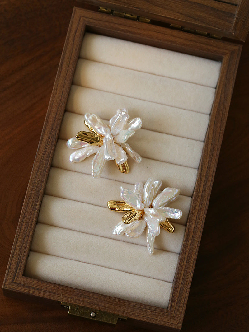 Baroque Petal Pearl Flower Stud Earrings