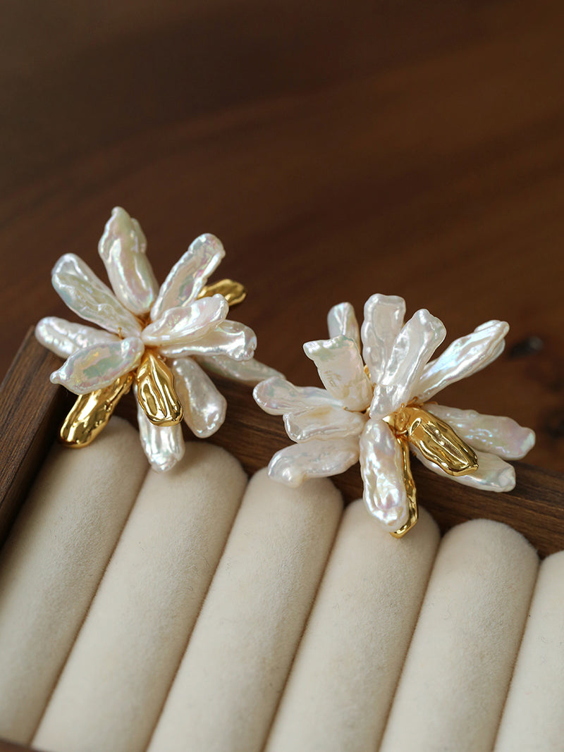 Baroque Petal Pearl Flower Stud Earrings